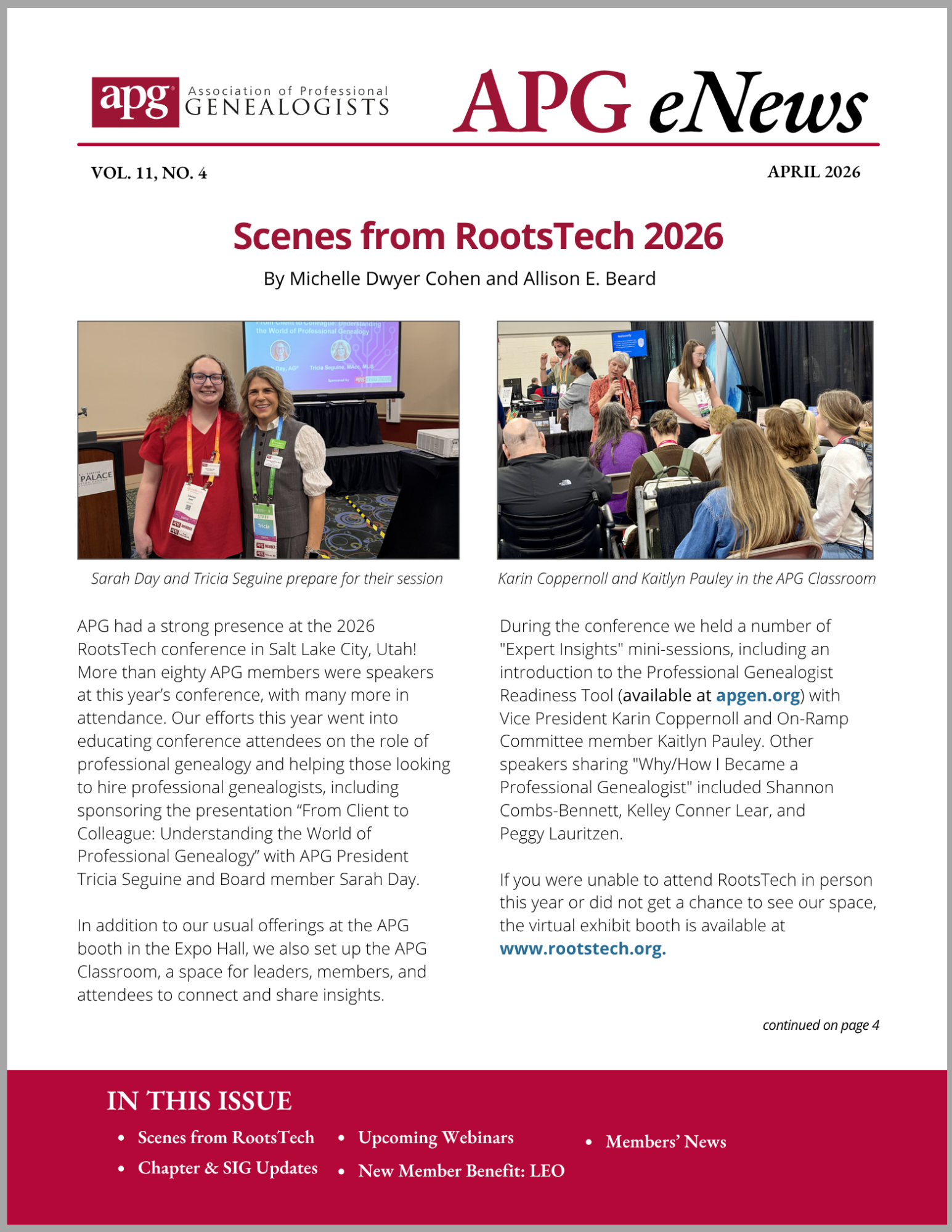 Cover of a newsletter with two images of groups of people, text, and a red band at the bottom 