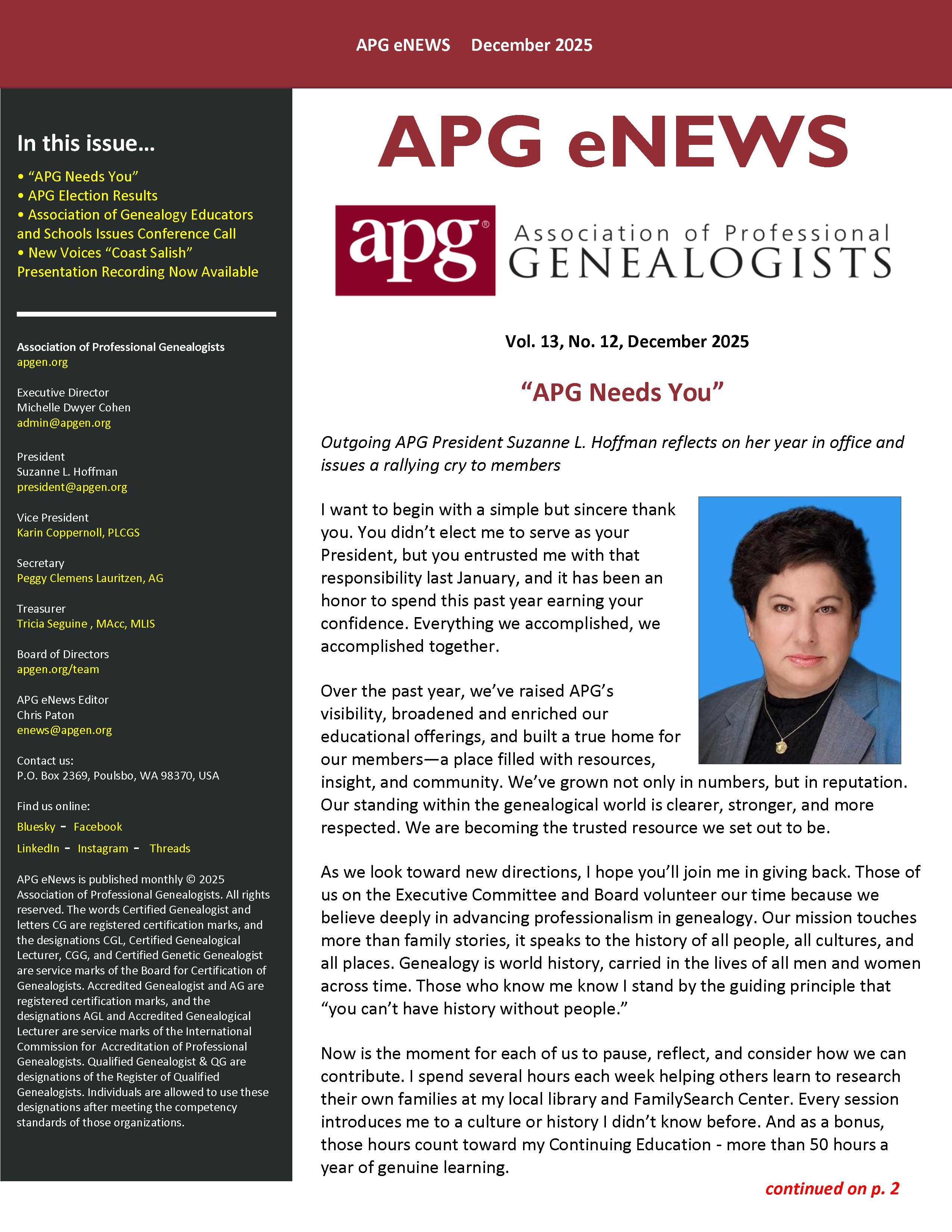 December 2025 APG eNews cover with text "APG Needs You"